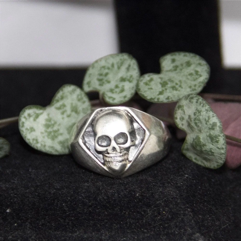Sterling Silver Skull Signet Ring Hexagon Biker Gothic Band Sz 9.5